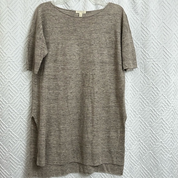 Eileen Fisher 100% Linen Tan Split Hem Tunic Short Sleeve Size Small - Picture 1 of 6